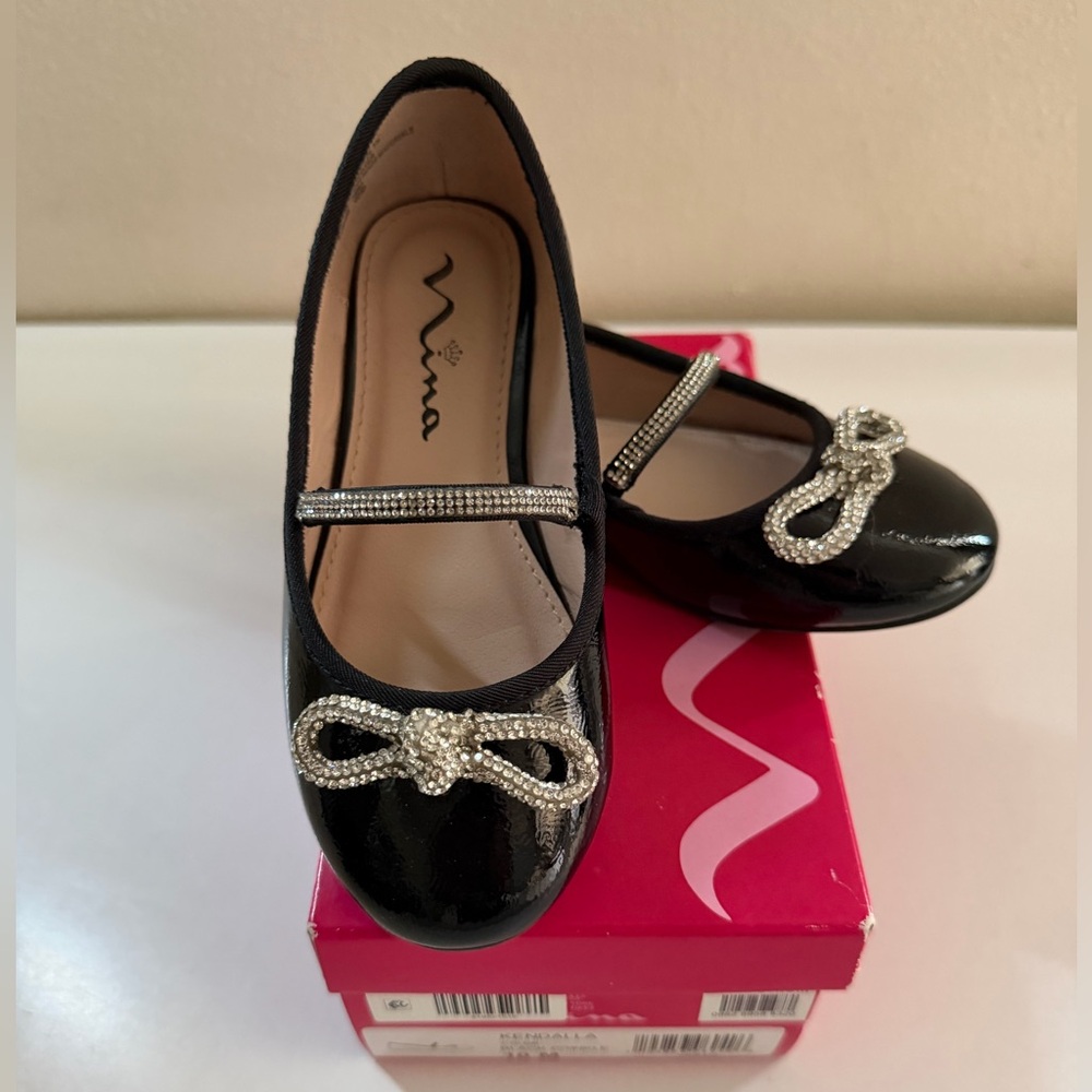 Nina Black Patent Mary Jane Flats with Rhinestone Bow